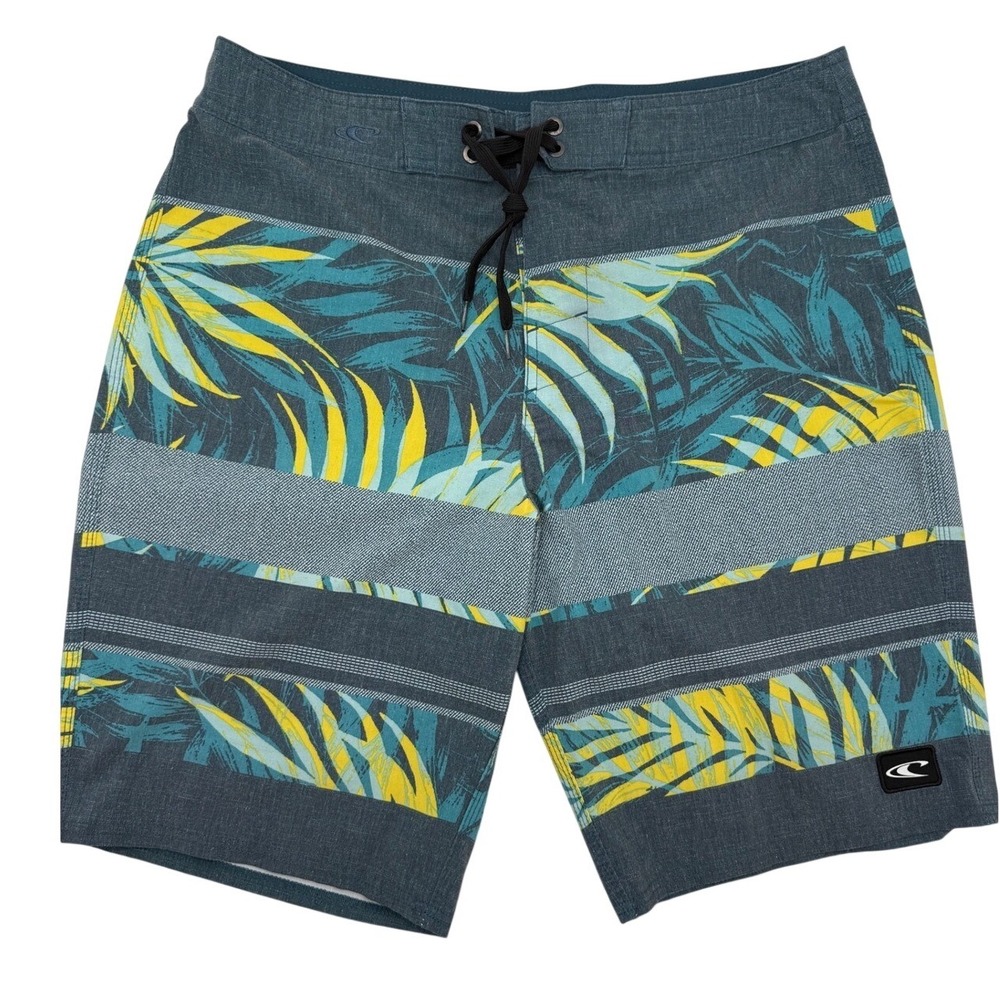 ONeill Mens Tropical Palm Print Board Shorts Teal Yellow Swim Trunks Size 33